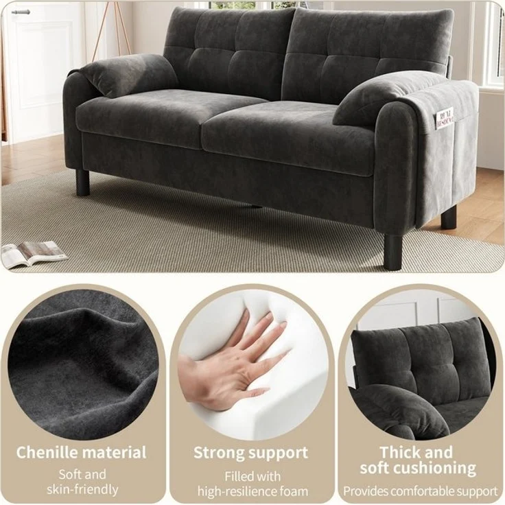Merax 2-Sitzer Sofa aus Chenille-Stoff, Modulares-Sofa, Couch Doppelsofa im skandinavischen Design für Wohnzimmer/Schlafzimmer 1 Teile, Polstersofa mit Armlehne, dicken Kissen & Seitentaschen, 158x80x88.5cm – Bild 4