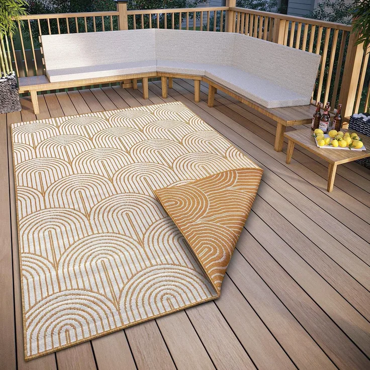 Hanse Home Pangli Outdoor Teppich Wetterfest – Wendeteppich Skandinavischer Boho Style Wasserfest Einfarbig Geometrisch 3D-Effekt für Garten, Balkon, Terrasse, Wohnzimmer – Ocker, 240x330 cm