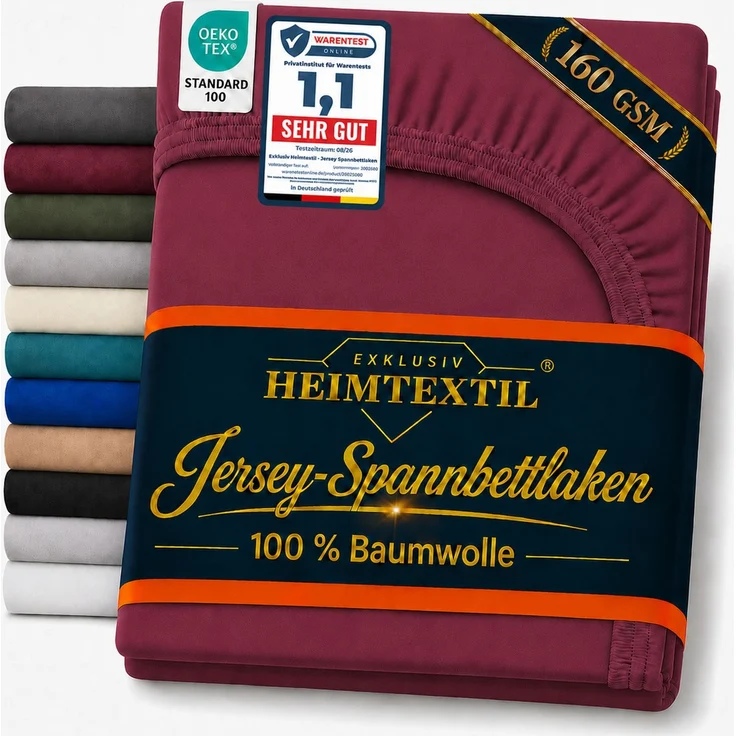 EXKLUSIV HEIMTEXTIL Jersey Spannbettlaken Deluxe 160 x 200 cm Bordeaux 160 GSM, 100% Baumwolle Öko - Tex Zertifiziert Bed-Sheet Bettlaken Spannbetttuch Topper Leinentuch – Bild 1