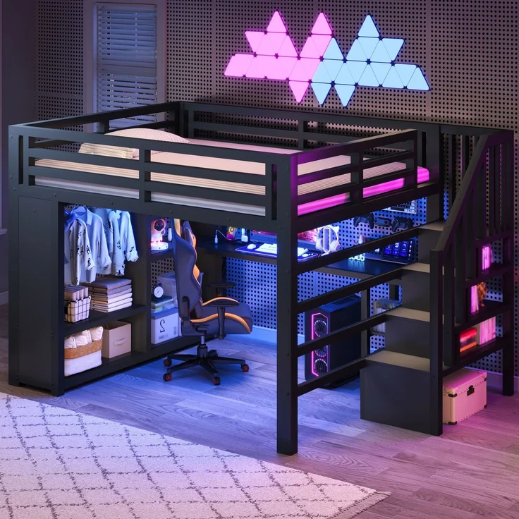 140x200 cm großes Gaming-Hochbett aus Metall mit LED-Beleuchtung, USB, Schreibtisch, offenem Kleiderschrank, Treppe und Staufächern, Schwarz – Bild 3