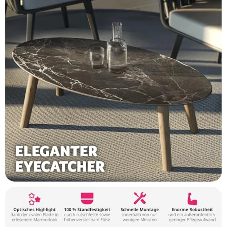 tectake Couchtisch Acerra, oval, Steinplatte in Marmoroptik, 100x50x34.5 cm, für Wohnzimmer und Terrasse – Bild 4