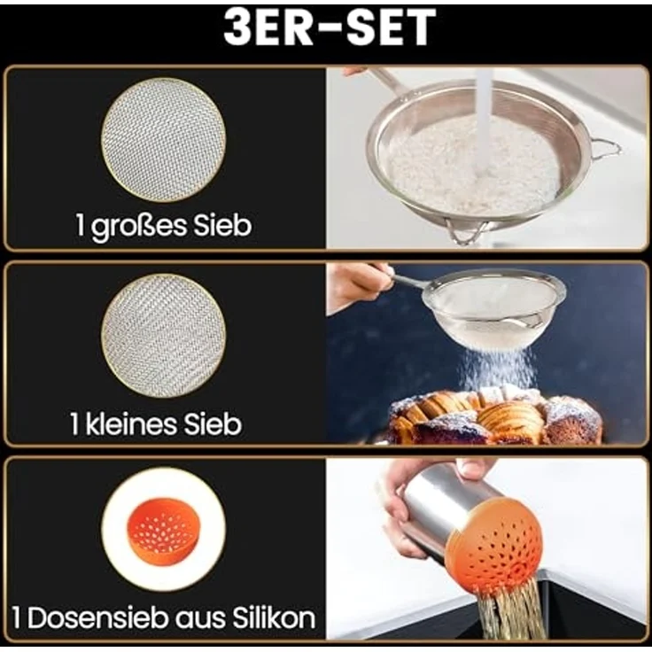Küchensieb - Edelstahl, Sieb-Set, Edelstahl, 3-teilig: Mehlsieb, Nudelsieb und Silikon-Dosensieb – Bild 2