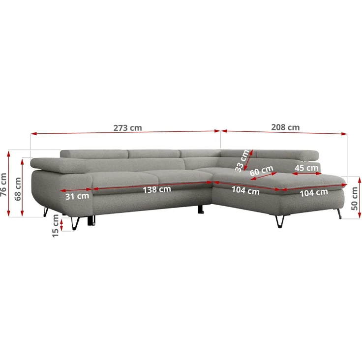 Mks Möbel 'Peter L-form' Ecksofa mit Bettfunktion, Bettkasten & einstellbaren Kopfstützen, Hellgrau, Boucle, mit Topper, rechts – Bild 7