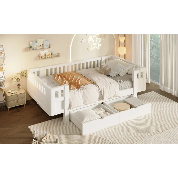 Merax Hochbett 90x200 Kinderbett, mit hohem Schutzgitter & zwei großen Schubladen, Weiß – Bild 6