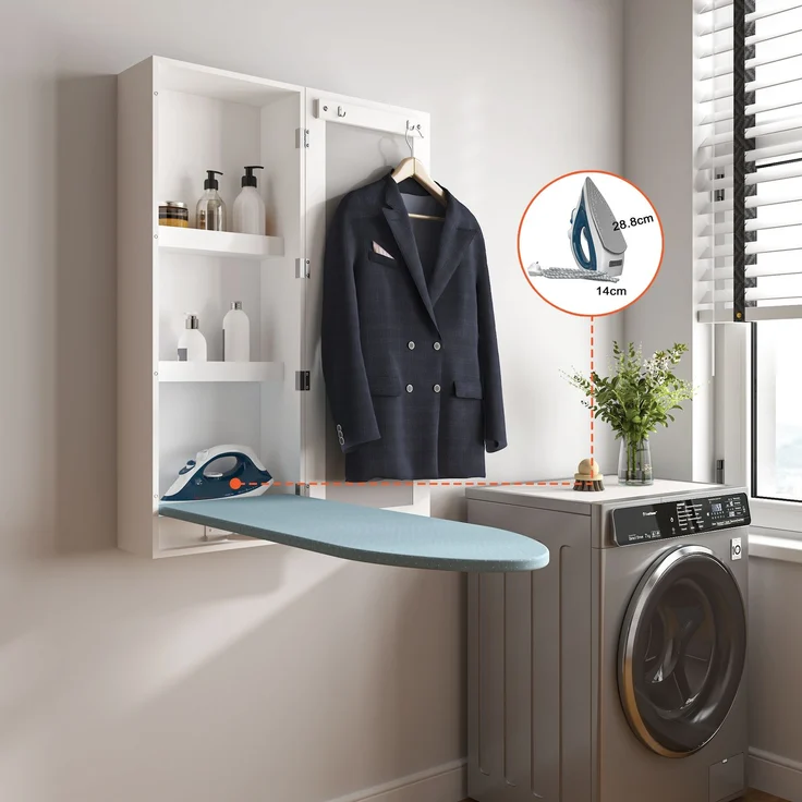 Wandbügelbrett mit integriertem Schrank, klappbarem Bügelbrett und Wandspiegel für Zuhause, Wohnung und kleine Räume – Weiß – 34 x 17,5 x 95 cm – YOUDENOVA – Bild 2