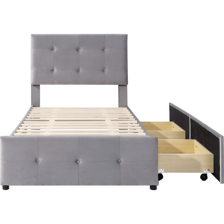 Polsterbett mit Stauraumschublade, Samtstoff, modernes Kinder- & Gästebett, robustes Lattenrost,Grau – Bild 8