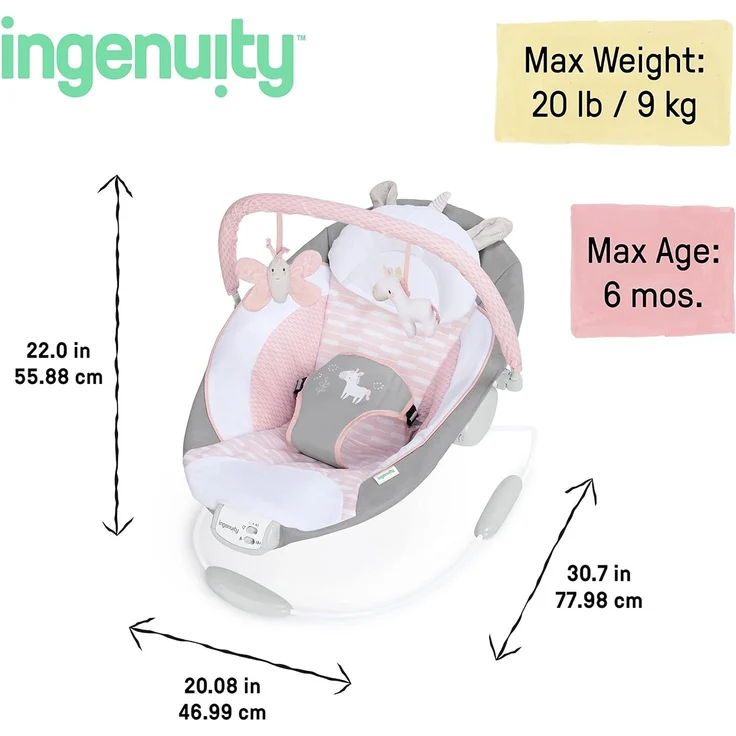 Ingenuity, Babywippe mit Vibration und 8 Melodien, Flora the Unicorn - abnehmbare spielbogen, gepolsterter Kopfstütze, Sicherheitsgurt, Babysitz ,Lautstärkeregler, grau / rosa, ab der Geburt bis 9kg – Bild 3