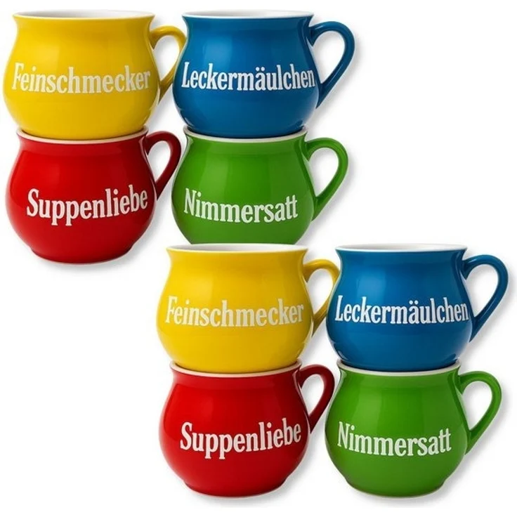 BURI Suppentassen 8er-Set aus Keramik | Bunte Henkel-Schüsseln mit Sprüchen | 400 ml | Spülmaschinenfest & mikrowellengeeignet | Mediterraner Stil – Bild 4