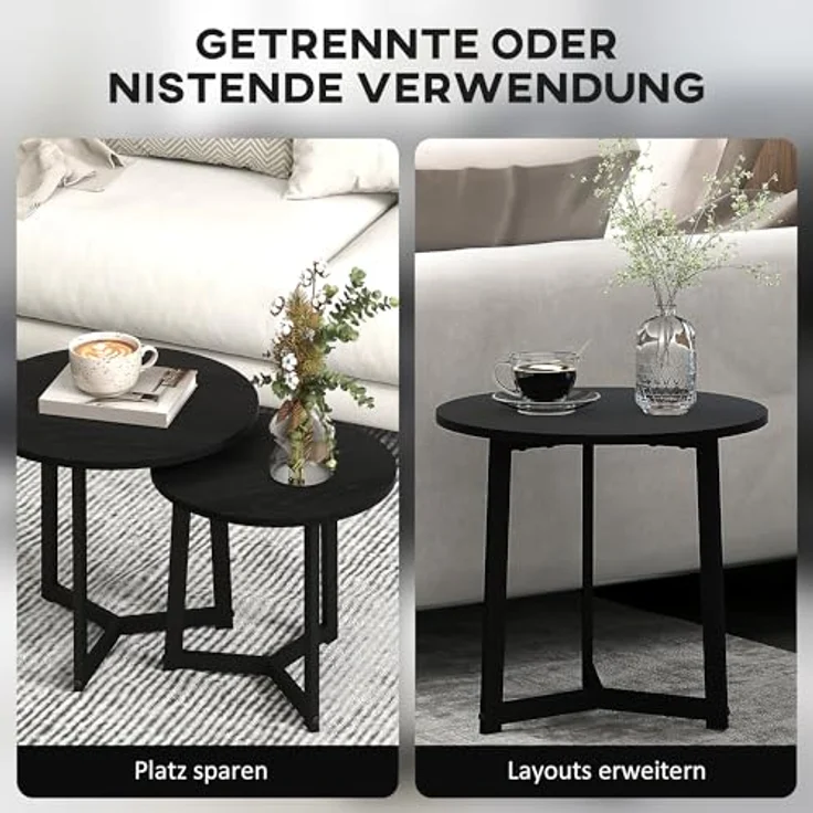 HOMCOM Couchtisch-Set, Schwarz, runde Form aus lackiertem Stahl und MDF, ø48x45 cm und ø40x40 cm, platzsparend und modern – Bild 4