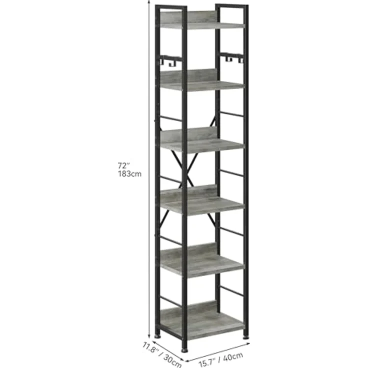 YITAHOME Bücherregal mit 6 Ebenen, Industrielles Standregal, Metallrahmen und Holzregale, Hohes Lagerregal mit 4 Haken, Präsentationsorganizer, für Wohnzimmer, Heimbüro, Grau Regal – Bild 3