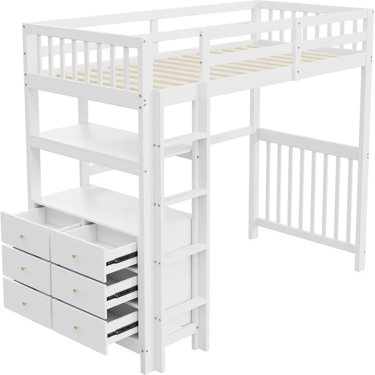 Weißes Hochbett 90x200 cm Mit 6 Schubladen Und Sicherheitsleiter Kinderhochbett Mit Aufbewahrungsschrank Massivkiefer Etagenbett Stauraum Lösung Sicherheitsbett Jugendzimmer Regal Unterbett – Bild 9