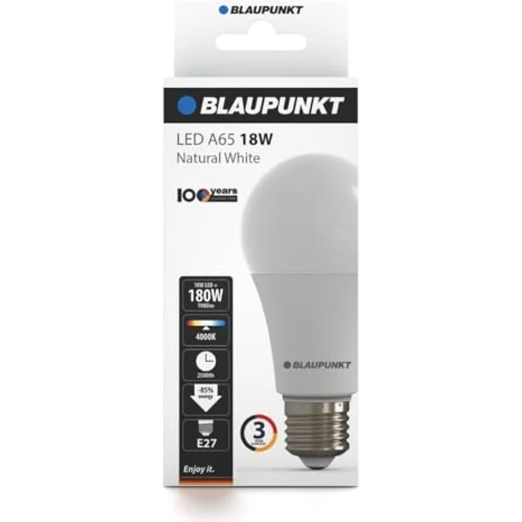 Blaupunkt LED Leuchtmittel A65 LED Lampe, E27 Sockel, 18W, Ersetzt 180W Glühlampen, Neutralweiß 4000K, natürliches Tageslicht, nicht dimmbar, 1980 lumen, Glühbirnen, 1 Stück (1er Pack) – Bild 2