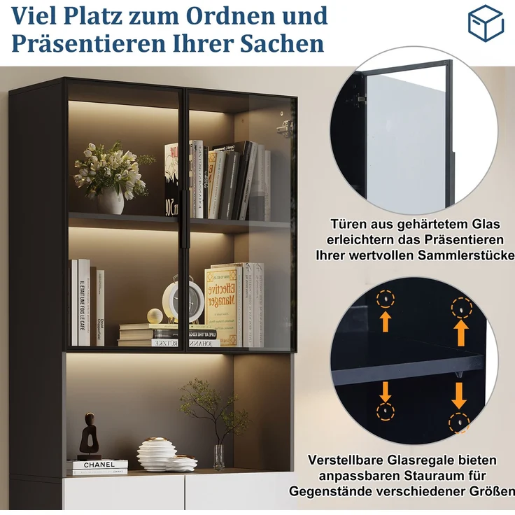 DESVIAE Vitrine mit LED-Beleuchtung und Glastüren, 80x200x30 cm, Spanplatte, Weiß/Schwarz – Bild 6