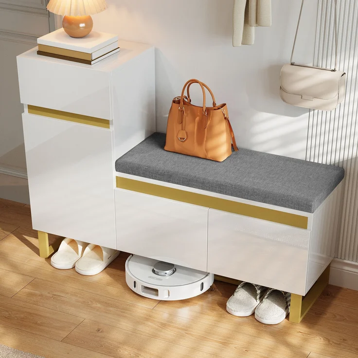 Schuhschrank MDF mit Sitzbank & Schublade, 120x35x85 cm, Weiß – Bild 4