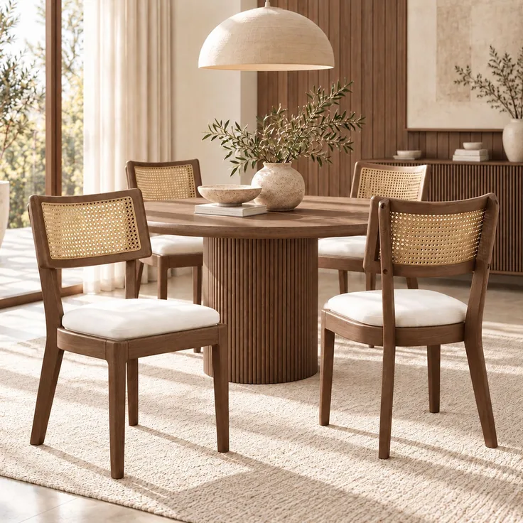 4 Esszimmerstühle aus Massivholz mit Rattan-Rückenlehnen, bequem und atmungsaktiv, geeignet für Esszimmer, Wohnzimmer, Cafés, moderner Stil, Leinen, Walnussholzfarbe und Beige