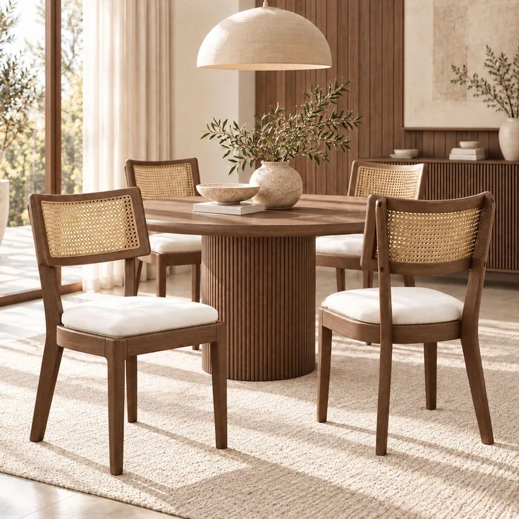 4 Esszimmerstühle aus Massivholz mit Rattan-Rückenlehnen, bequem und atmungsaktiv, geeignet für Esszimmer, Wohnzimmer, Cafés, moderner Stil, Leinen, Walnussholzfarbe und Beige – Bild 1