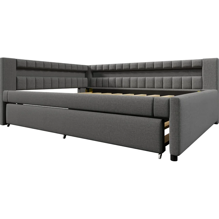 Daybett 140x200 cm Tagesbett Schlafsofa mit ausziehbarem Rollbett, LED-Fernbedienungslichtleiste, USB & Type-C Ladestation, Leinen, Grau – Bild 10