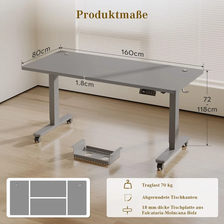 Devoko Höhenverstellbarer Schreibtisch Holzwerkstoff und Metall Grau 160 x 80 x 72-118 cm – Bild 8