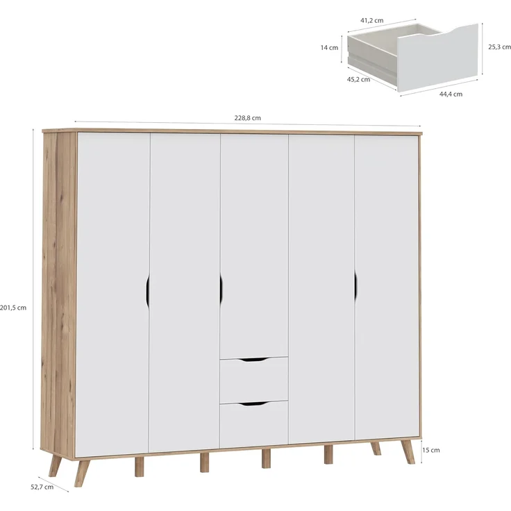 Forte VANKKA Kleiderschrank 230, Skandi Schrank mit 5 Drehtüren und 2 Schubladen, Filigrane Möbelbeine, Holzwerkstoff, Planked Eiche Holzdekor | Weiß, 228,8 cm breit x 201,5 cm hoch x 52,7 cm tief – Bild 2