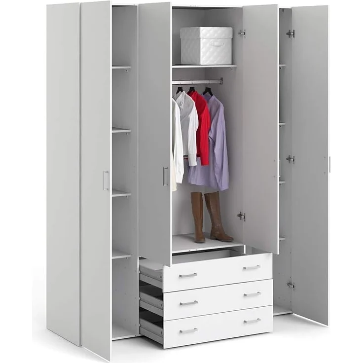 Kleiderschrank mit vier Türen und drei Schubladen, Farbe Weiß, Maße 154 x 200 x 49 cm – Bild 6