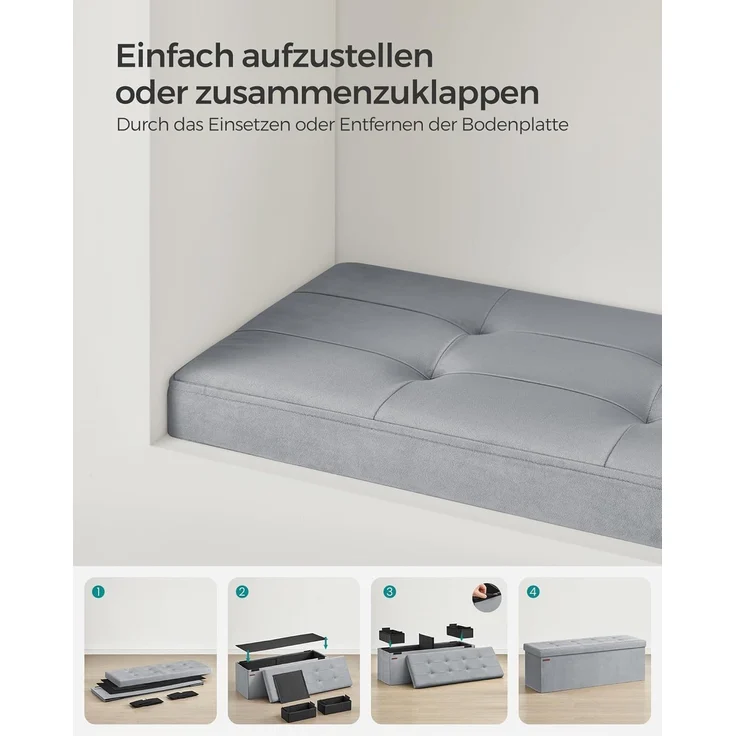 Songmics Sitzhocker mit Stauraum, klappbare Sitzbank, 38 x 110 x 38 cm Fußbank, Aufbewahrungsbox, bis 300 kg belastbar, für Wohnzimmer Schlafzimmer Flur, Taubengrau LSF277G02 – Bild 6