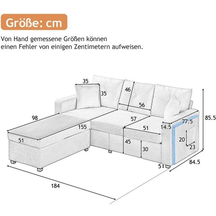 Merax 3-Sitzer L-förmiges Sofa mit LED-Beleuchtung, Wolkenweiches Sitzgefühl, Modulares Design, Cordstoff 1 Teile, 3-Sitzer Sofa mit Extra großer Ottoman, Seitentaschen & 2 Zierkissen – Bild 4