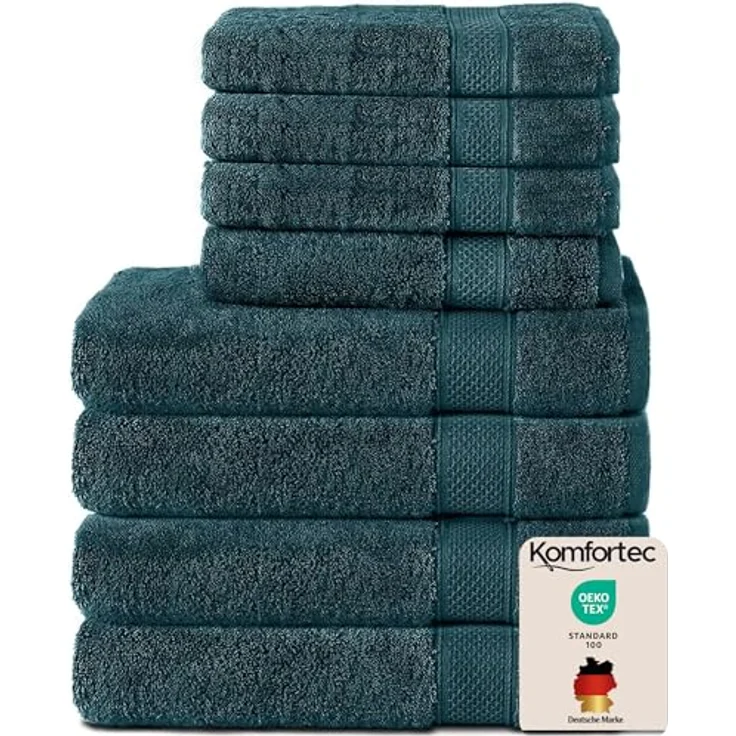 Komfortec 8er Handtuch Set aus 100% Baumwolle, 4 Badetücher 70x140 und 4 Handtücher 50x100 cm, Frottee, Weich, Towel, Groß, Petrol – Bild 2