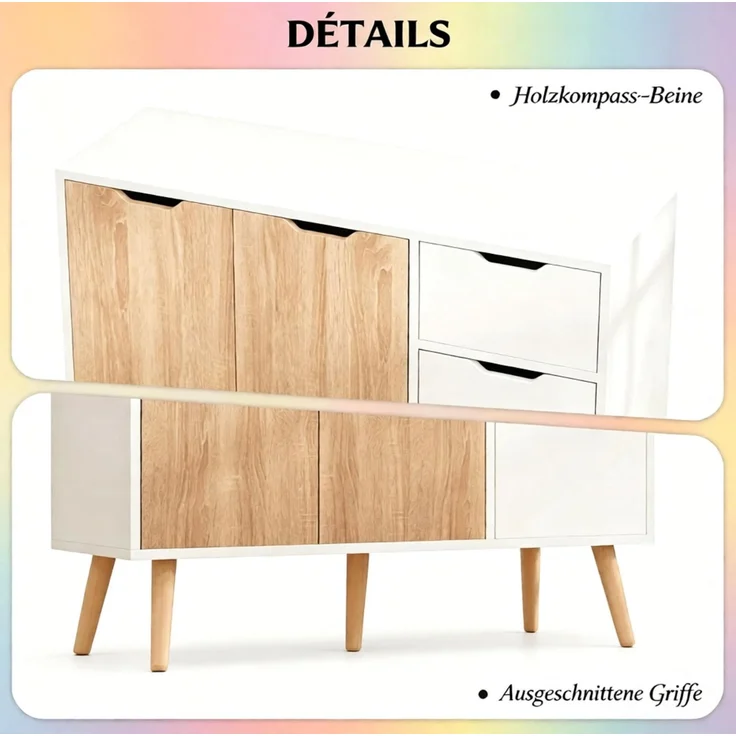 DESVIAE Sideboard Weiß/Helleiche aus Spanplatte/Kiefernholz – 90x72x30 cm – 2 Schränke, Schublade – Bild 6