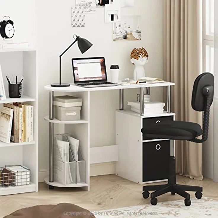 Furinno JAYA Simplistisch Computer-Schreibtisch mit Schubladen, Weiße Eiche/Chrom/Schwarz – Bild 3