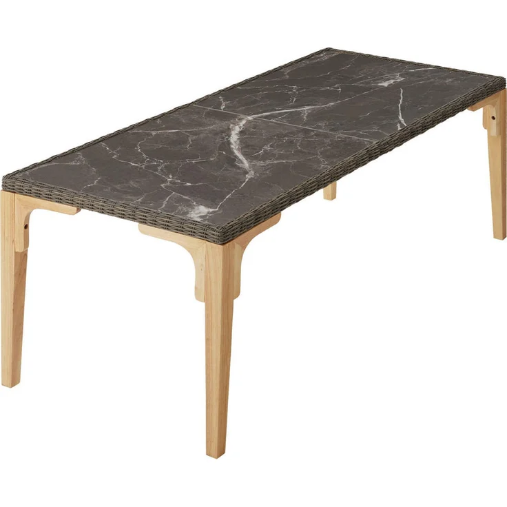 tectake Rattantisch Foggia, Rechteckig aus Kunststoff mit 2 abnehmbaren Feinsteinzeugplatten, 196x87x76 cm, UV-beständig, robust, ideal für den Garten