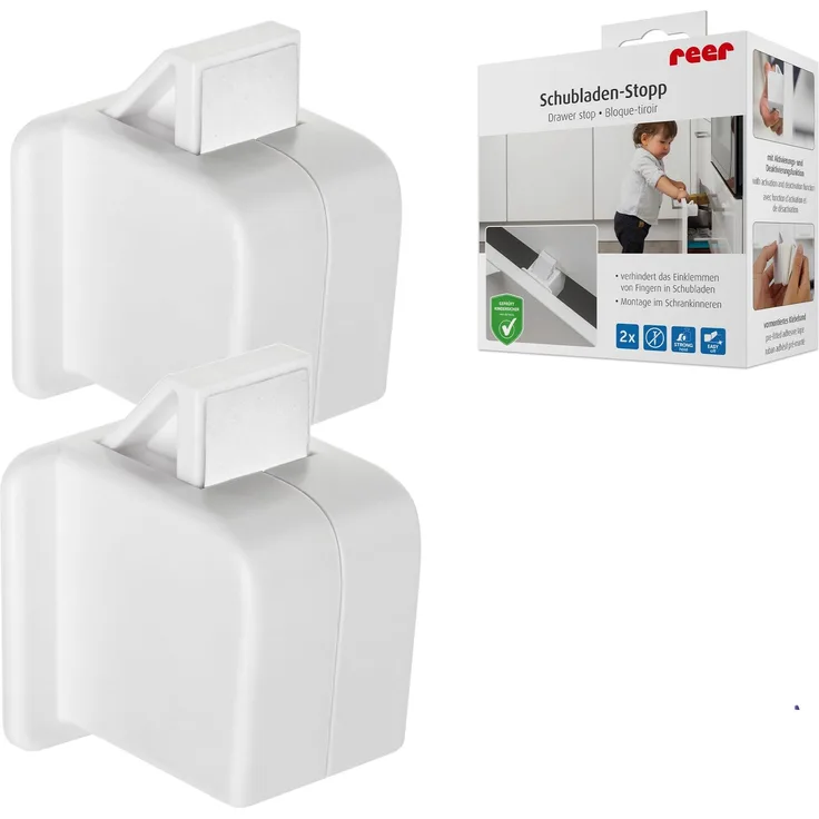 reer Schubladen-Stopp | Schutz vor eingeklemmten Fingern | Kindersicherung mit Deaktivierungsfunktion | Einfache Montage und Handhabung | 2 Stück im Doppelpack
