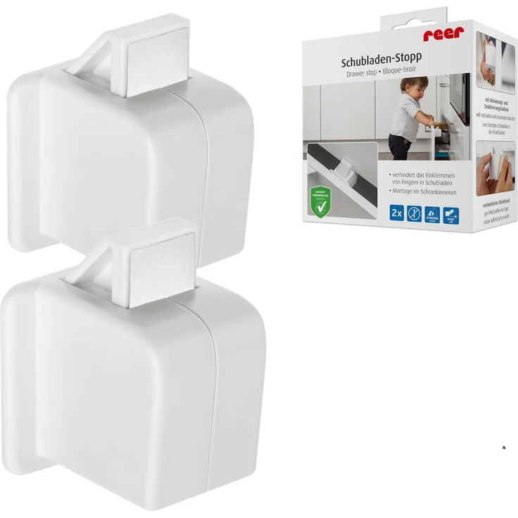 reer Schubladen-Stopp | Schutz vor eingeklemmten Fingern | Kindersicherung mit Deaktivierungsfunktion | Einfache Montage und Handhabung | 2 Stück im Doppelpack