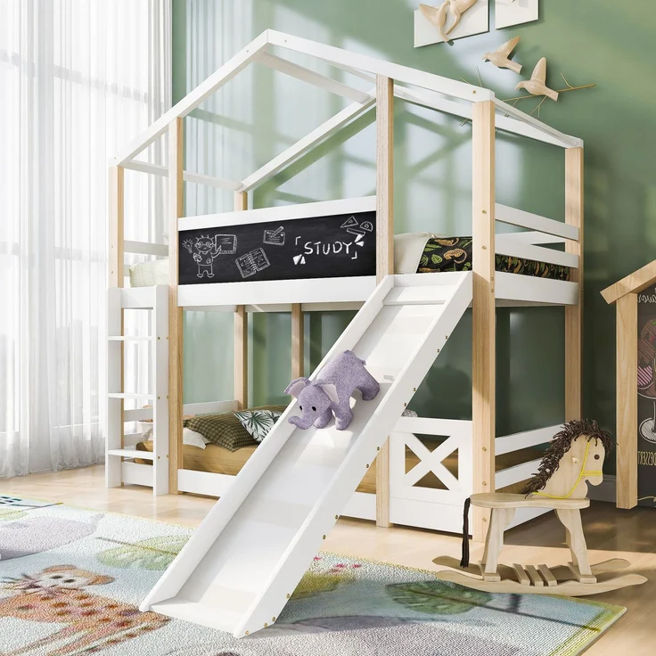 Etagenbett 90x200 cm mit Rutsche & Tafel, Hausbett aus Kiefer, Hochbett mit Leiter, sicher & spielerisch für Kinderzimmer – Bild 1