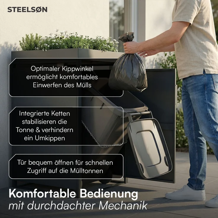 STEELSØN 'Thoria' Mülltonnenbox 1er je 240 Liter, anthrazit, Mülltonnenverkleidung aus Stahl, wetterfest, 125x80x69 cm, Müllbox mit Pflanzendach für 1 Tonne – Bild 3