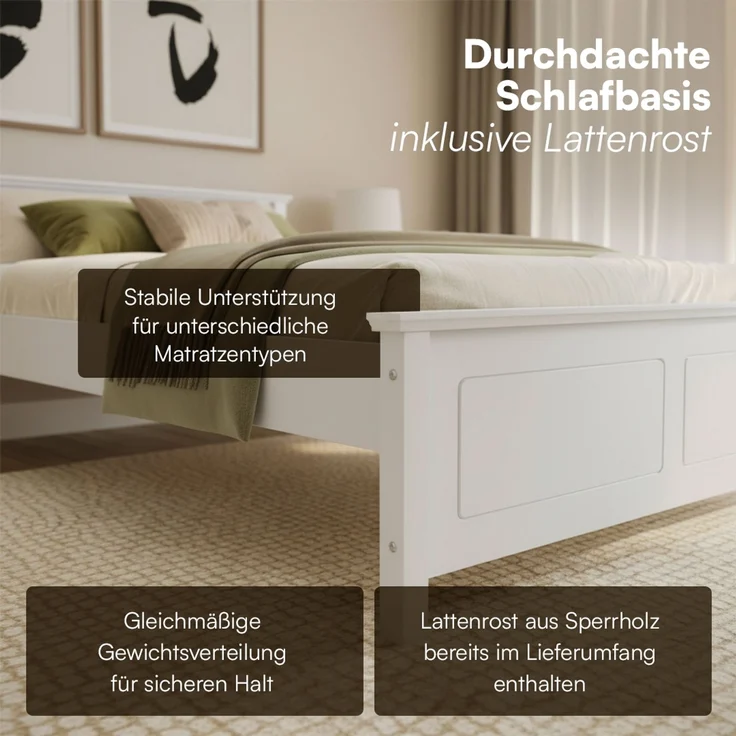 Bellamio 'Medje' Bett 140x200 cm in Kassettenoptik, Kiefer, weiß lackiert, Holzbett im Landhausstil mit Lattenrost, geeignet als Doppelbett – Bild 7