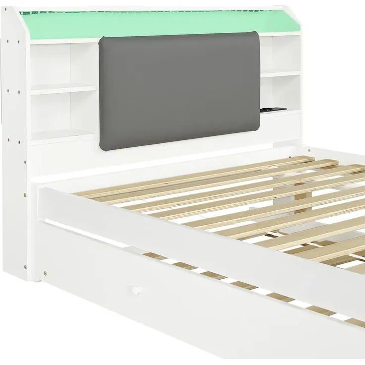 Massivholzbett mit RGB LED-Streifen, Stauraum, Lattenrost, Ausziehbett, Type-C und USB, Kopfteil mit Regal, 120x200 cm, Einzelbett, Kiefer – Bild 8