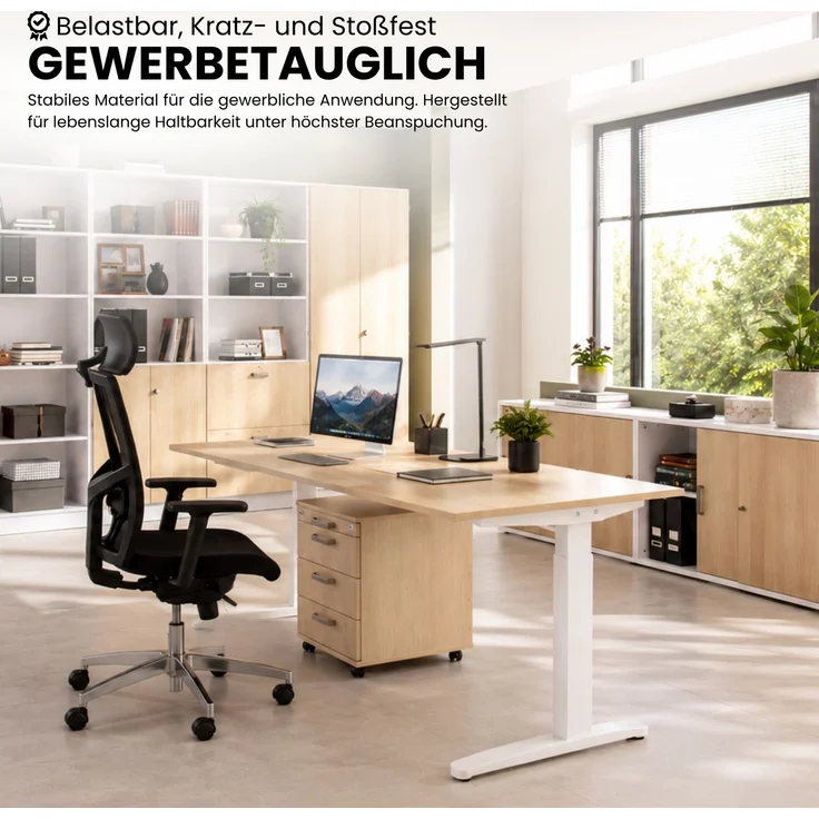 bümö manuell höhenverstellbarer Schreibtisch 140x80 in Buche, Gestell in graphit/alu - PC Tisch höhenverstellbar & klein, höhenverstellbarer Tisch Büro, kleiner Computertisch verstellbar, X14-6-GC – Bild 9