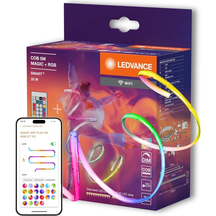 LEDVANCE SMART WIFI COB dekorative bunte COB Strips mit MAGIC RGB; Wifi und homogenem Lichteffekt; dimmbar; Silikon; 5 m; Leuchtmittel nicht austauschbar