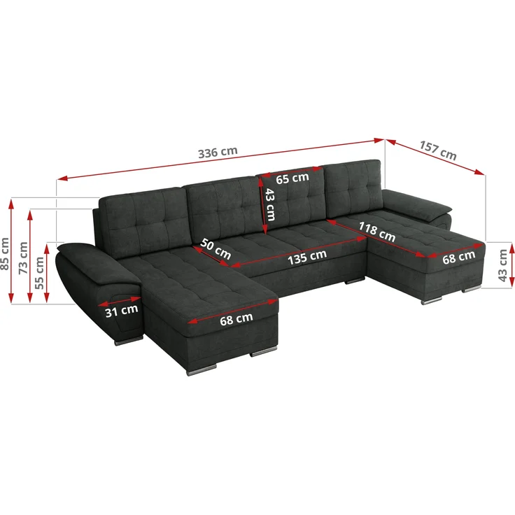 U-förmiges Ecksofa mit Schlaffunktion, genähter Sitz, zwei Armlehnen und losen Kissen - UMBRIA U - Dunkelgrau Stoff – Bild 7