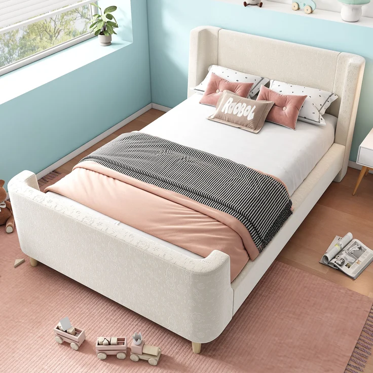 Kinderbett Schlittenbett, Samt mit Weltraum-Muster & Lattenrost, 99x212x76 cm, Beige, ohne Matratze – Bild 1