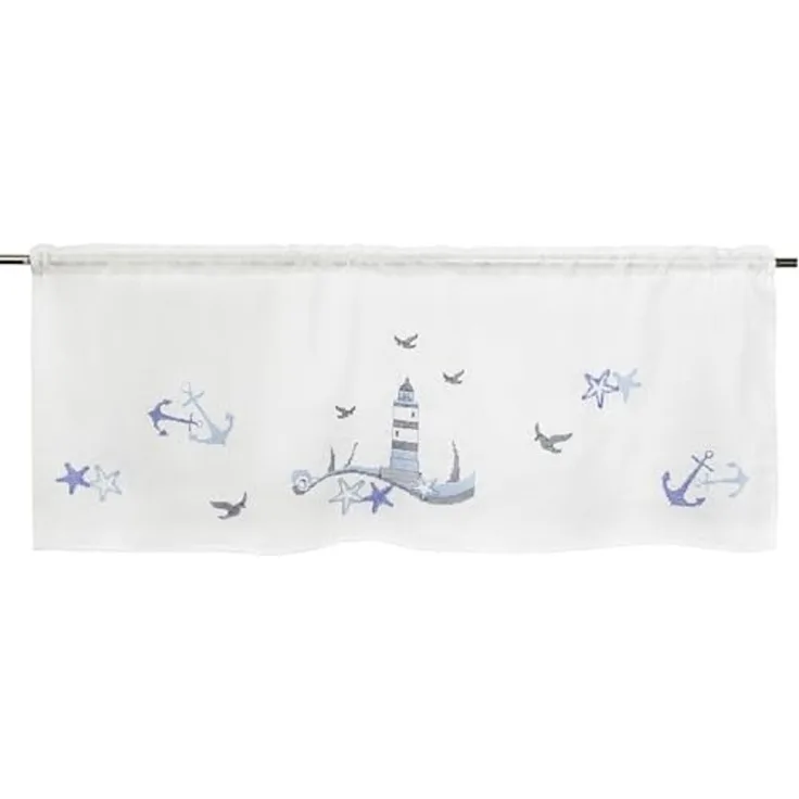 Delindo Lifestyle Scheibengardine Leuchtturm maritim, 45x115 cm (1 St), Stangendurchzug, halbtransparent, glattes Gewebe, leicht aufzuhängen per Stangendurchzug