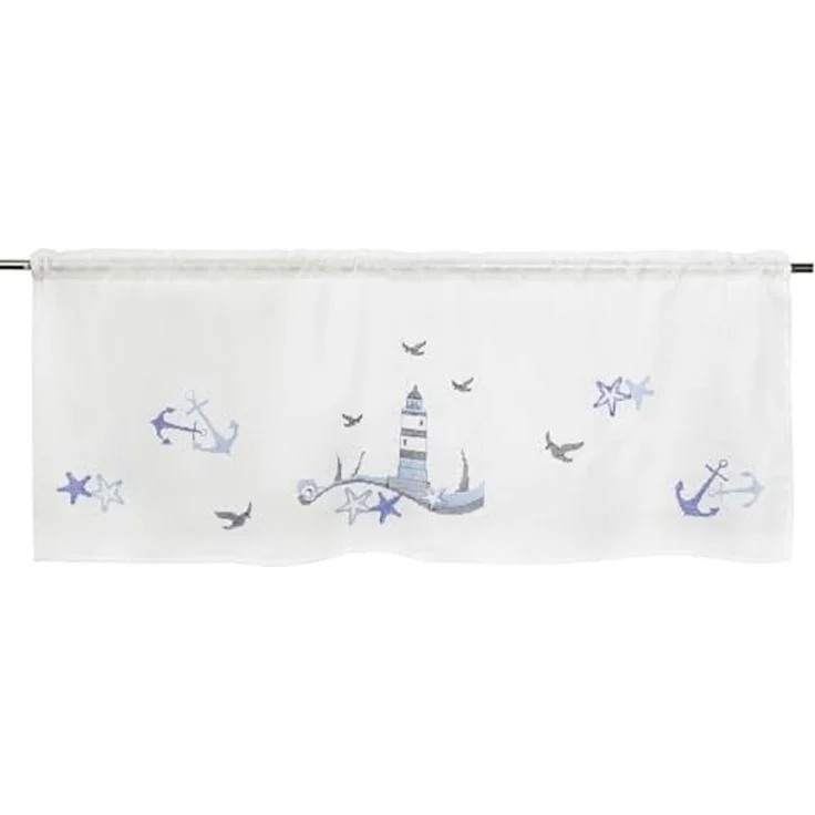 Delindo Lifestyle Scheibengardine Leuchtturm maritim, 45x115 cm (1 St), Stangendurchzug, halbtransparent, glattes Gewebe, leicht aufzuhängen per Stangendurchzug – Bild 1