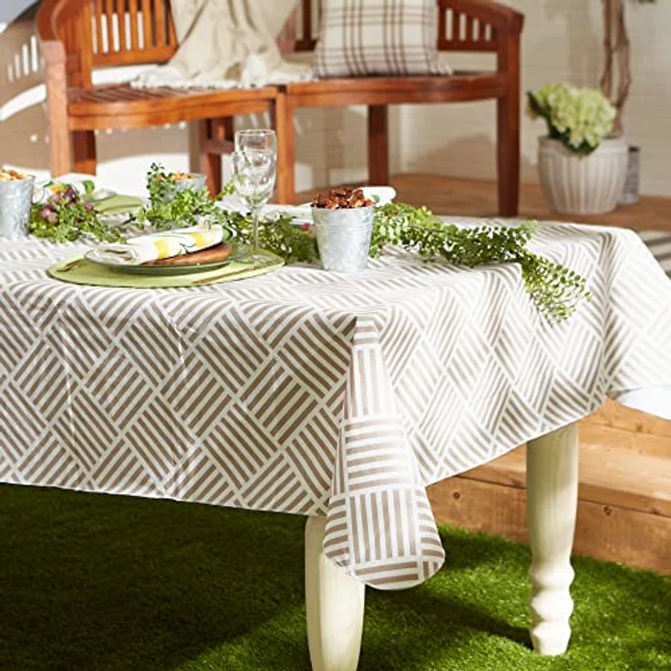 DII Vinyl-Tischdecke für drinnen und draußen, Gittermuster, Flanell-Rückseite, 178 cm, rund, Steingrau – Bild 2