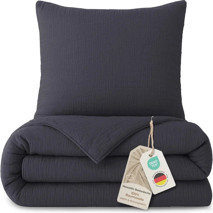 Laynenburg Bettwäsche Musselin aus 100% Baumwolle in 135x200 oder 155x220 cm, atmungsaktiv & bügelfrei – 3 lagig mit Reißverschluss & Haltebändern – Bild 1