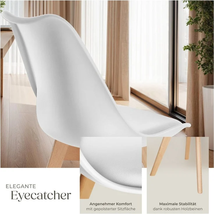 tectake Esszimmerstuhl Küchenstuhl Scandi-Design, gepolsterte Sitzfläche, 49 x 53 x 82 cm (Polsterstuhl Frederikke in weiß, 6 St), ergonomische Form, massive Holzbeine, bodenschonende Filzgleiter – Bild 4