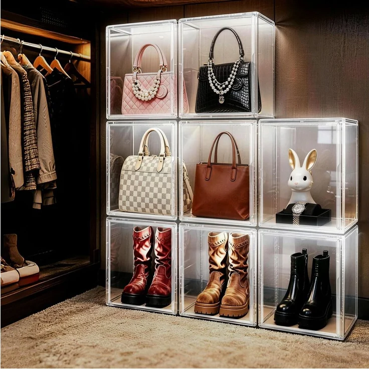 XERSEK Vitrine LED Transparente Schuhbox Acryl Displaybox Organizer Aufbewahrungsbox (Set, 2-St, 44×33×33cm Stapelfähig mit Magnettür) für Modelle Spielzeug Handtasche – Bild 3