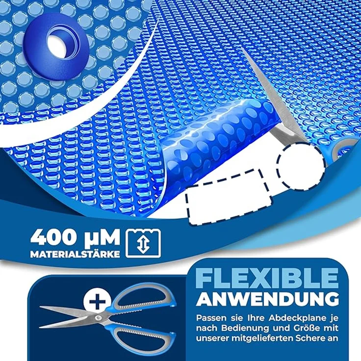 KESSER® Solarplane Poolabdeckung, flexibel, zuschneidbar, für Wassererwärmung, mit Schere, Lochzange & 12 Ösen Blau, 260 x 160cm – Bild 3