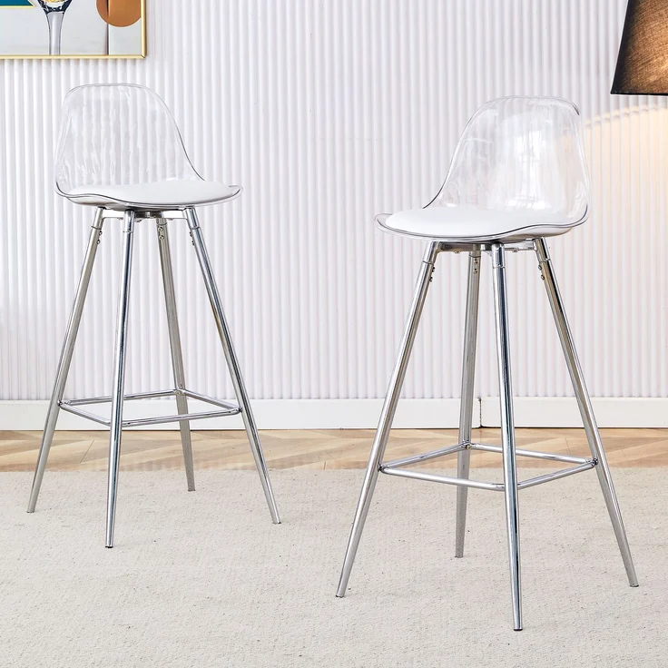 2-teiliges Set Transparente Lehnstühle mit durchscheinender Rückenlehne, silberfarbene Metallgestelle, geeignet für Wohnzimmer, Esszimmer, Theken, Inseln und Cafés--Silber, Transparent--96.5x33x38cm--YOUDENOVA – Bild 1