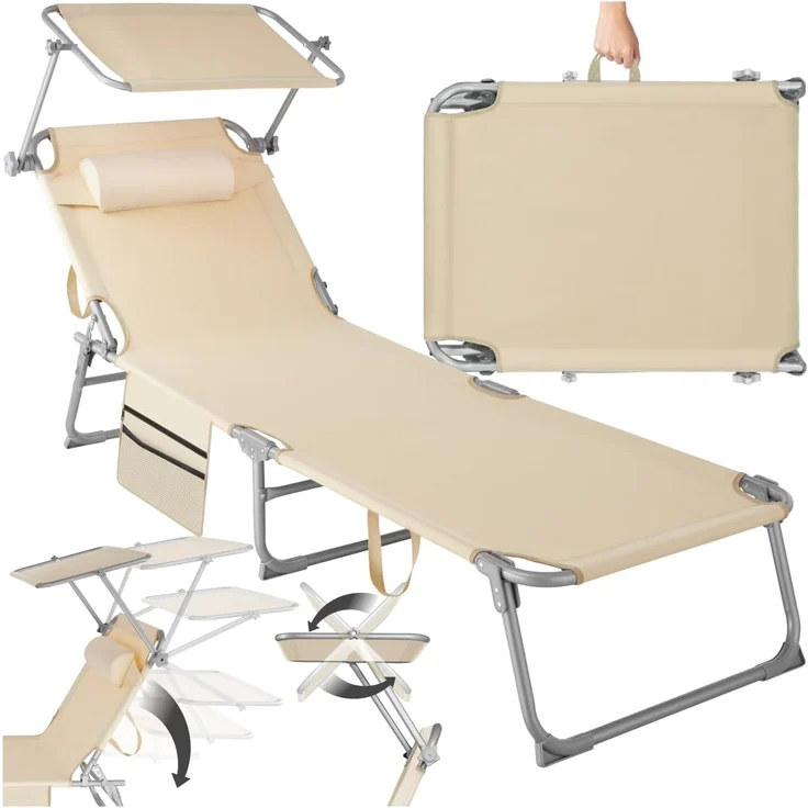tectake® Sonnenliege klappbar, tragbar, Liege mit Seitentasche, Strandliege, Gartenliege mit Dach, Liegestuhl mit Verstellbarer Rückenlehne, inkl. Kopfkissen - für Balkon, Terrasse, Camping - beige – Bild 1
