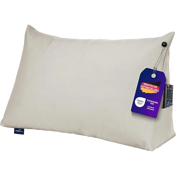Traumnacht Cozy Rückenkissen, Lesekissen, 70x40 cm beige, abnehmbarer, waschbarer Bezug aus 100% Polyester, praktisches Seitenfach, Öko-Tex zertifiziert, produziert nach deutschem Qualitätsstandard